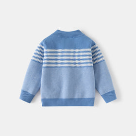 Boys Light Blue Front Zipper Cardigan With Self-Design Stripe Patterns Sweaters & Cardigans