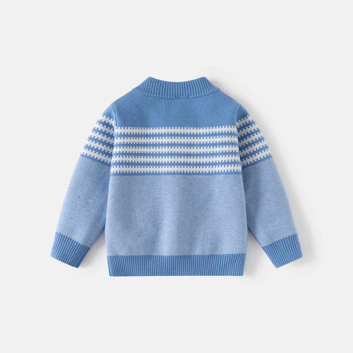 Boys Light Blue Front Zipper Cardigan With Self-Design Stripe Patterns Sweaters & Cardigans