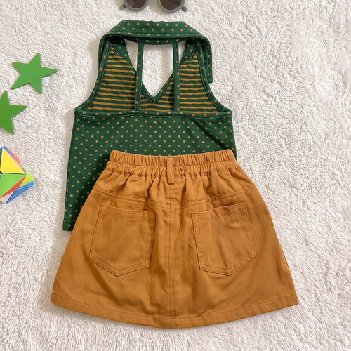 Girls Green Sleeveless Polka Dot Print Top With Skirt Sets 2 pc. Sets