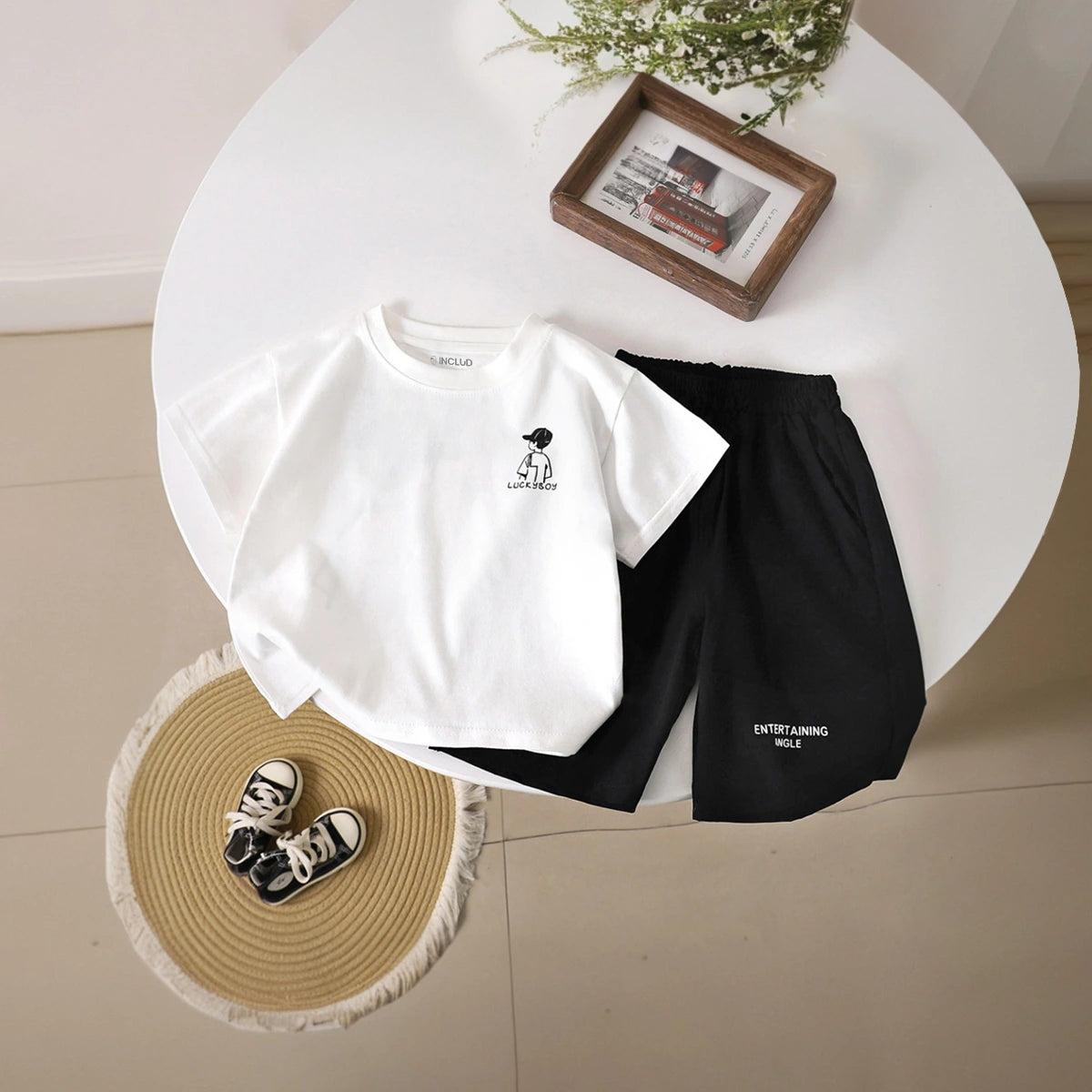 Boys White Lucky Boy Typography Short Sleeve T-Shirt With Shorts Sets 2 pc. Sets White 1-2 Y