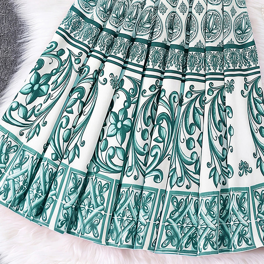 Girls Green Ethnic Print Sleeveless Top With Skirt Sets 2 pc. Sets