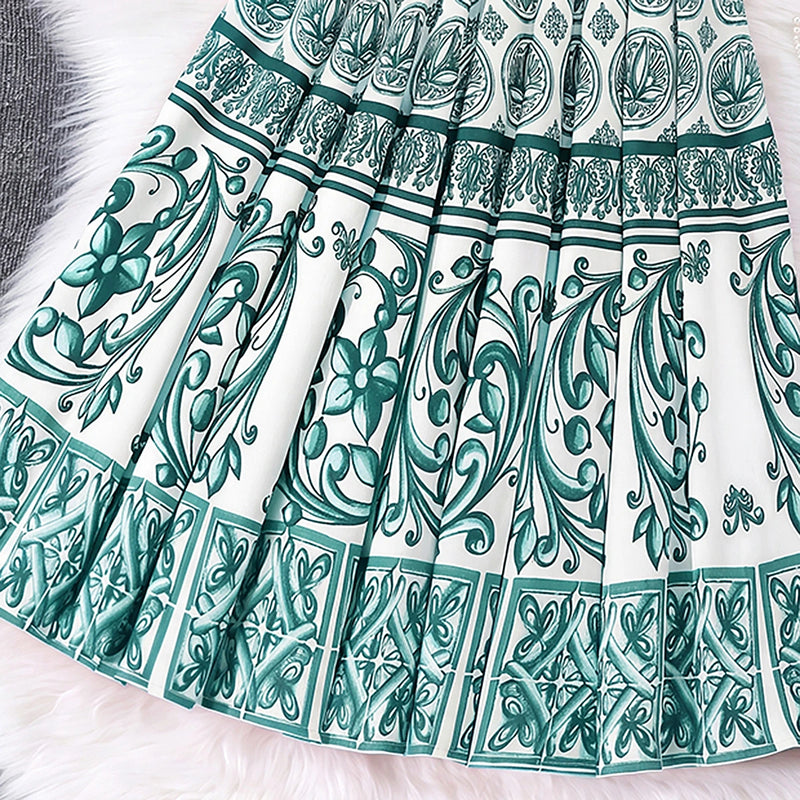 Girls Green Ethnic Print Sleeveless Top With Skirt Sets 2 pc. Sets