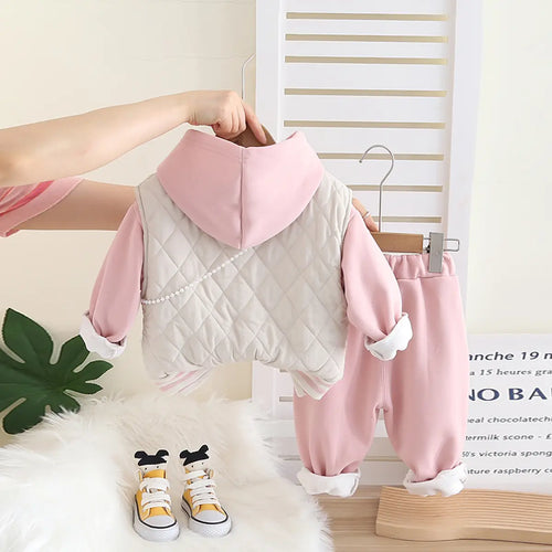 Girls Pink Embroidered Regular Sweatshirt With Sleeveless Jackets, Pants & Bag Sets 4 pc. Sets
