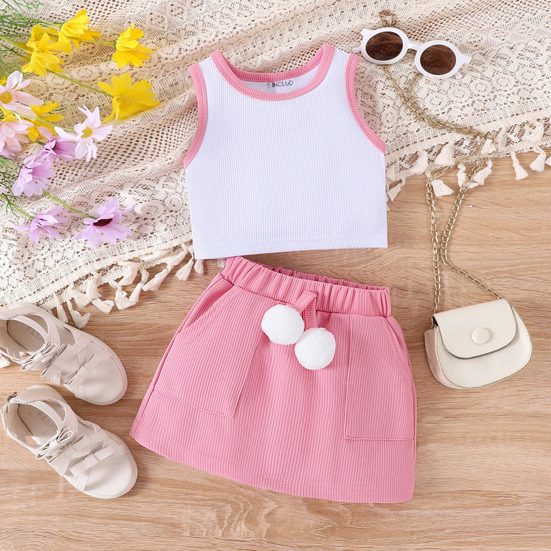 Girls Textured Sleeveless Top With Pink Skirt Sets 2 pc. Sets Pink 1-2 Y