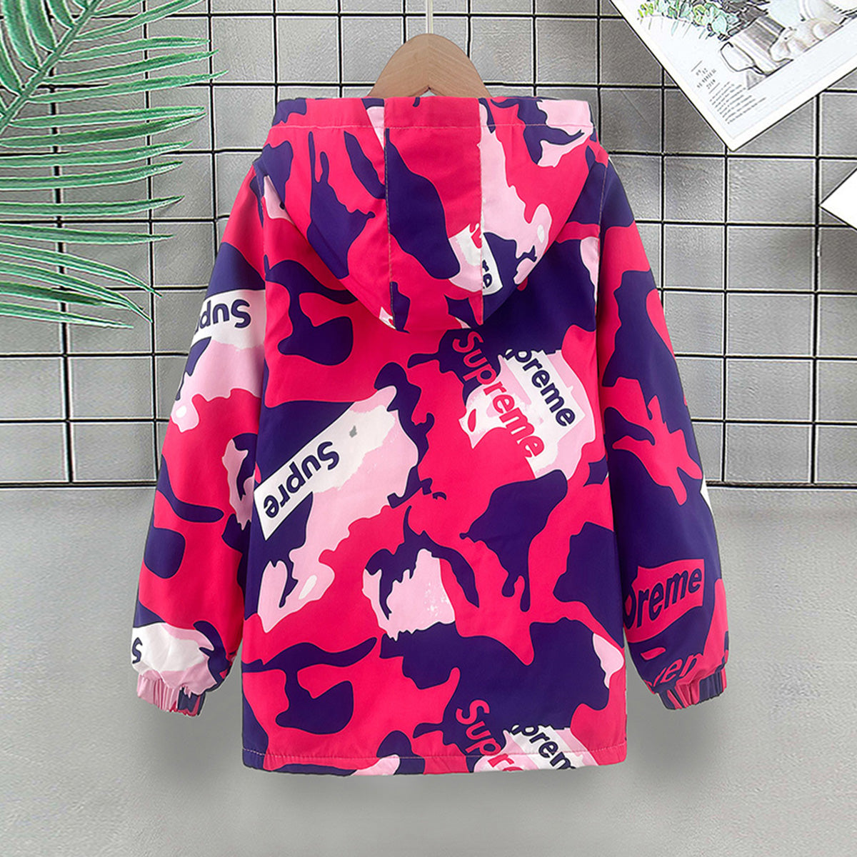 Girls Fuchsia Abstract Printed Hooded Zipper Jacket Coats & Jackets