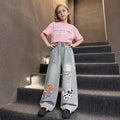 Girls Light Blue Animal Applique Loose Fit Denim Jeans Pants Light Blue 5-6 Y