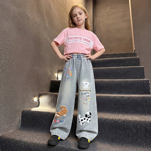 Girls Light Blue Animal Applique Loose Fit Denim Jeans Pants Light Blue 5-6 Y