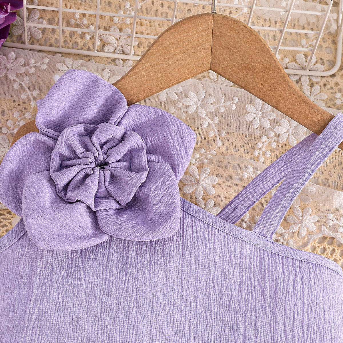 Girls Purple Textured One Shoulder Top With Flared Hem Pants Set 2 pc. Sets