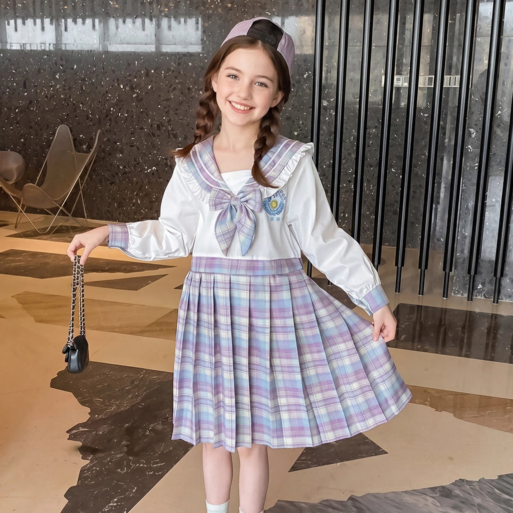 Girls Purple Checked Long Sleeve Fit & Flare Dress Casual Dresses Purple 3-4 Y