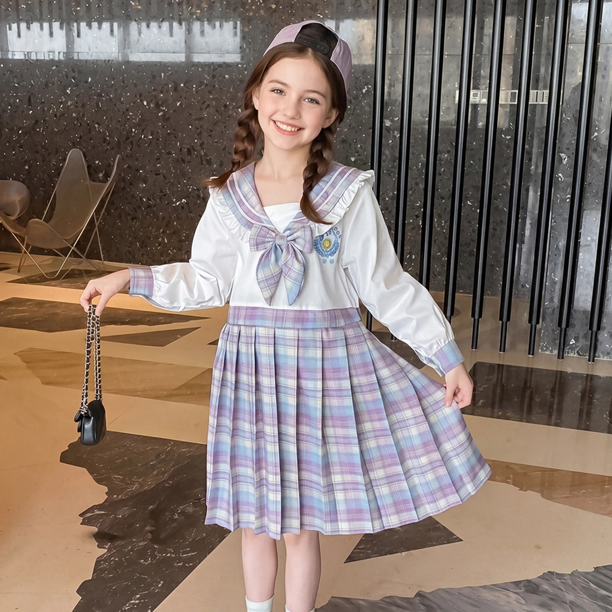 Girls Purple Checked Long Sleeve Fit & Flare Dress Casual Dresses Purple 3-4 Y