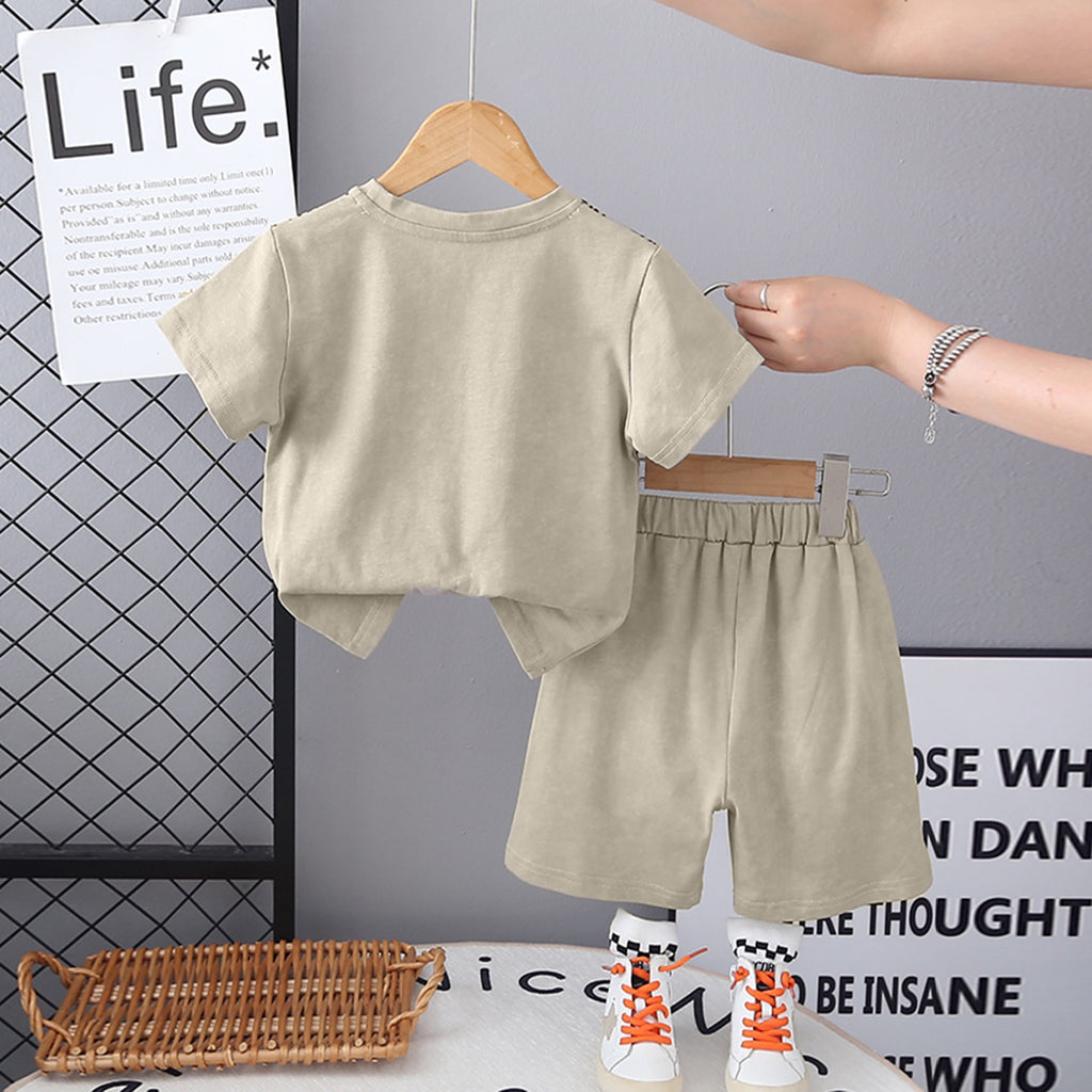 Boys Khaki Typography Printed Front Pocket T-Shirt With Shorts Set 2 pc. Sets