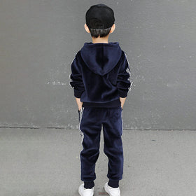 Boys Navy Blue Three Side Stripes Hooded Zip-up Jacket With Jogger Sets Sets
