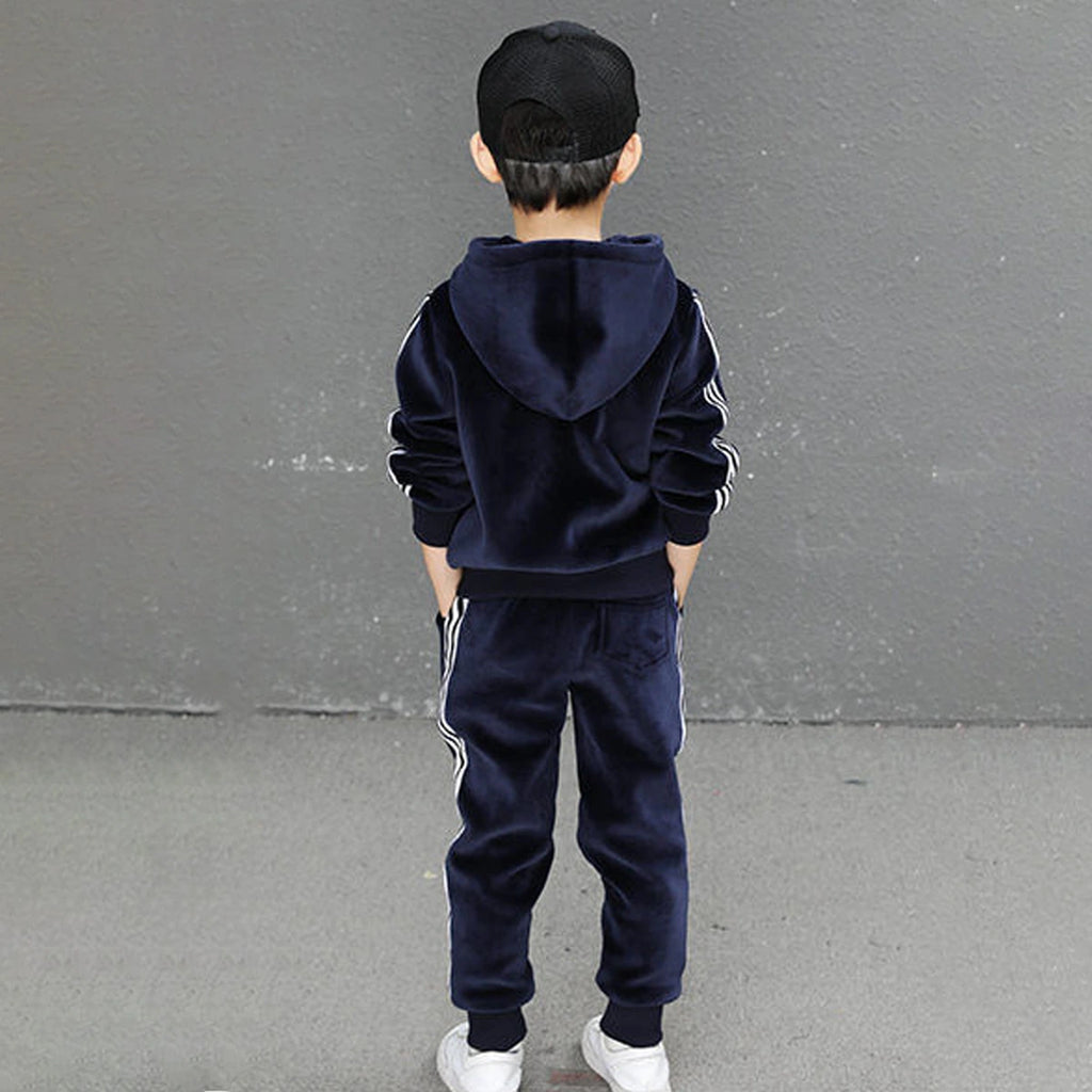 Boys Navy Blue Three Side Stripes Hooded Zip-up Jacket With Jogger Sets Sets