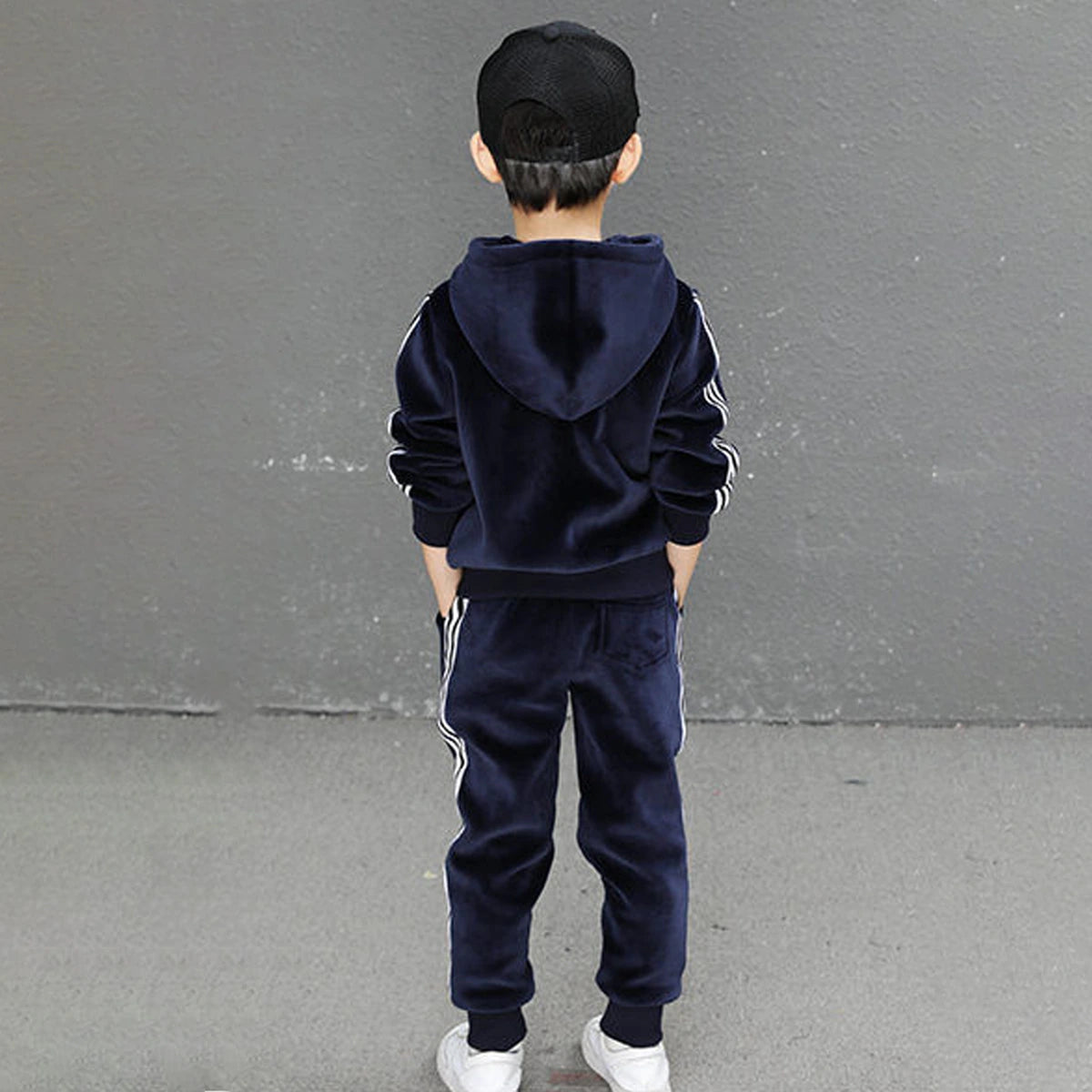 Boys Navy Blue Three Side Stripes Hooded Zip-up Jacket With Jogger Sets Sets