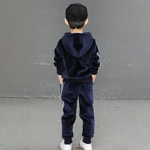 Boys Navy Blue Three Side Stripes Hooded Zip-up Jacket With Jogger Sets Sets