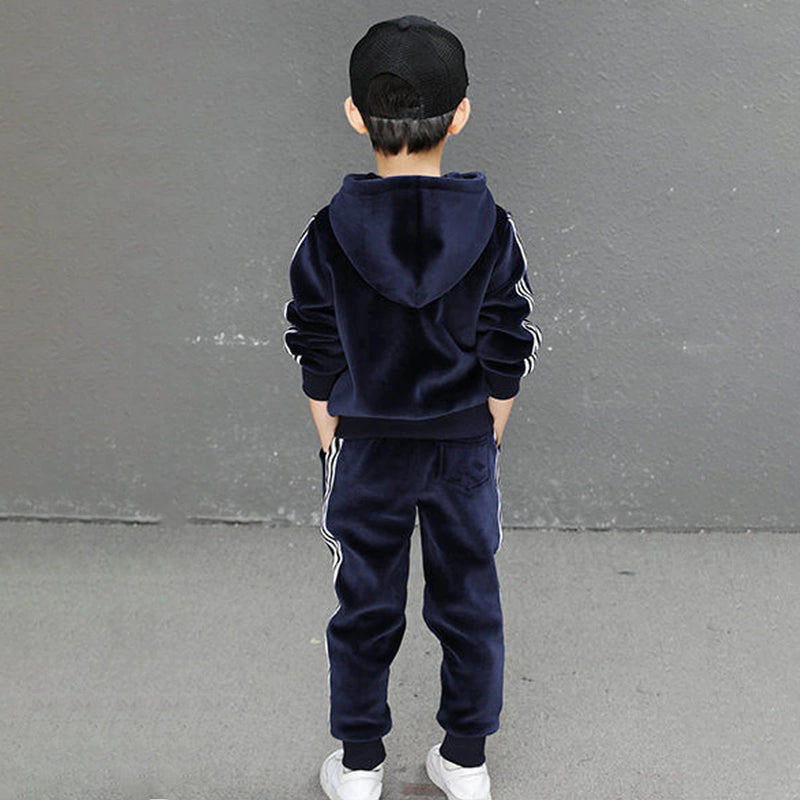 Boys Navy Blue Three Side Stripes Hooded Zip-up Jacket With Jogger Sets Sets