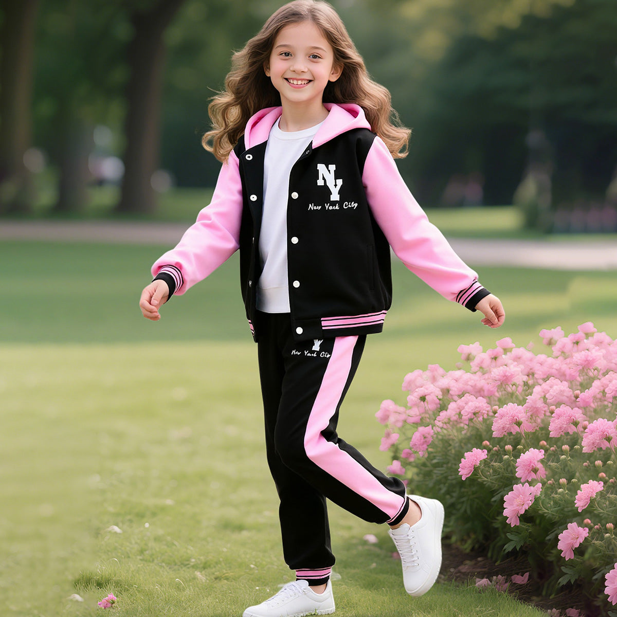 Girls Pink Typographic Printed Front Open Hooded Swetashirt With joggers Set 2 pc. Sets