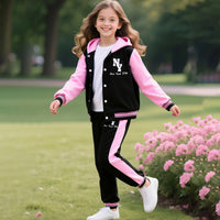 Girls Pink Typographic Printed Front Open Hooded Swetashirt With joggers Set 2 pc. Sets