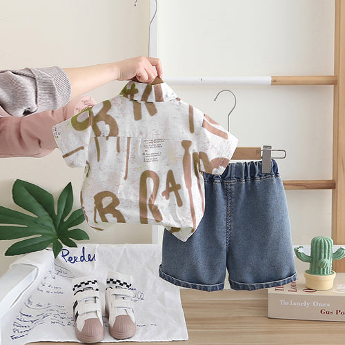 Boys Khaki Abstract Printed Front Pocket Shirt With T-Shirt And Denim Shorts Set Sets