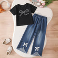 Girls Black Graphics Short Sleeves T-Shirt With Denim Pants Set Sets Black 3-4 Y