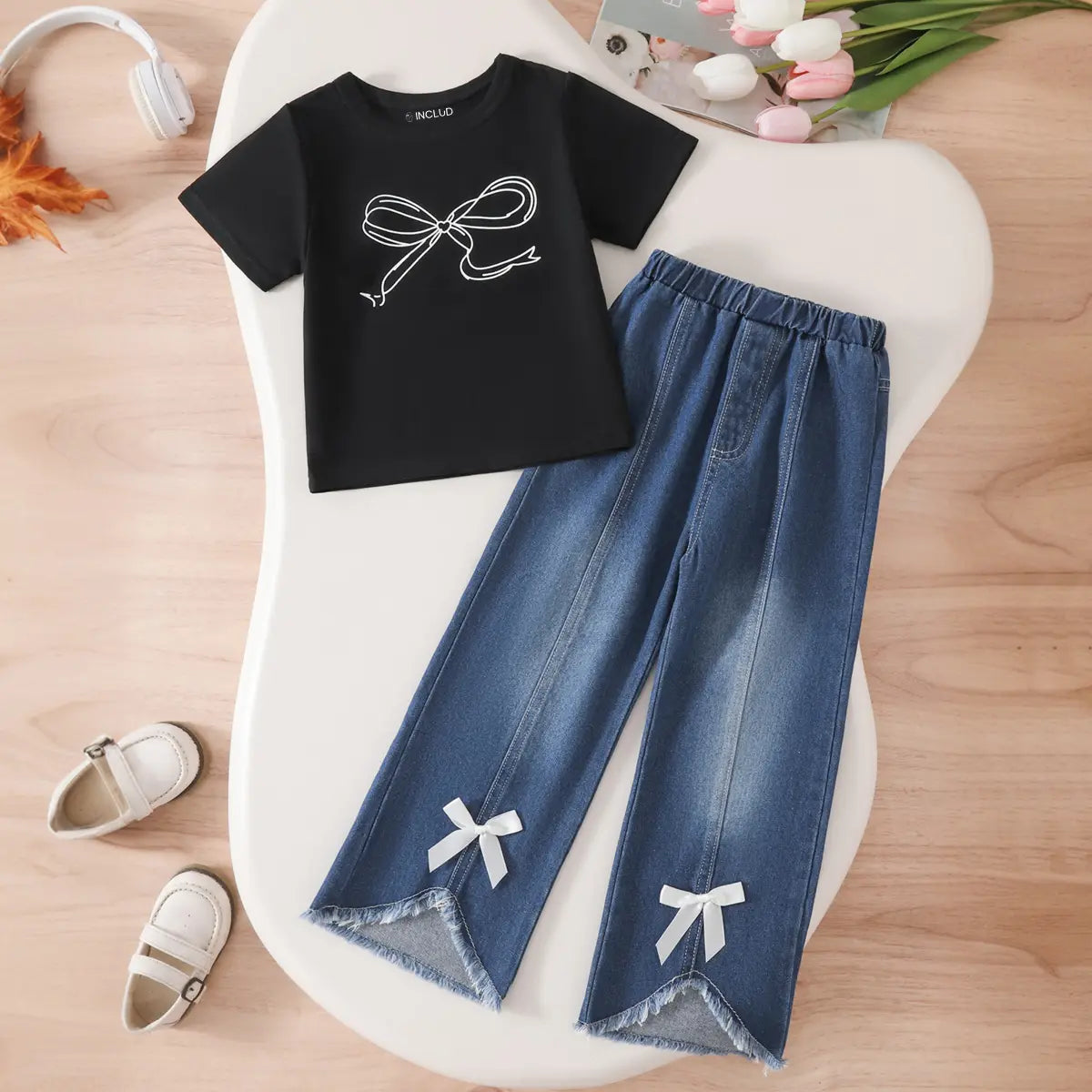 Girls Black Graphics Short Sleeves T-Shirt With Denim Pants Set Sets Black 3-4 Y