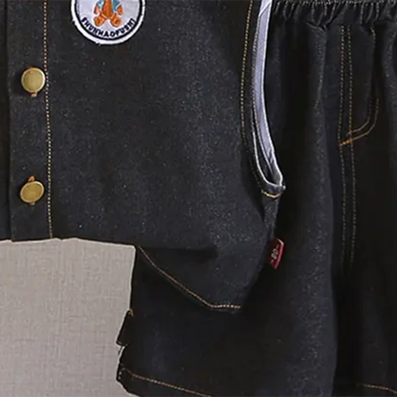 Boys Black Denim Sleeveless Jacket With Printed T-Shirt & Shorts Sets Sets