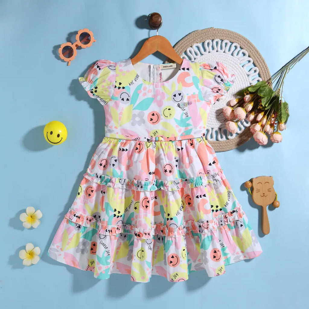 Girls Yellow Printed Short Sleeve Fit & Flare Dress Casual Dresses Yellow 3-4 Y
