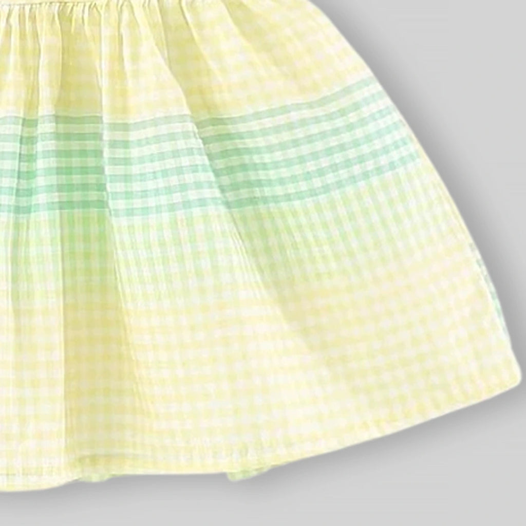 Girls Yellow Checked Bunny Embroidered Sleeveless Fit & Flare Dress Casual Dresses