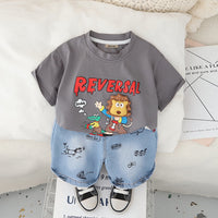 Boys Dark Grey Graphic Short Sleeves T-Shirt With Printed Denim Shorts Set 2 pc. Sets Dark Grey 1-2 Y