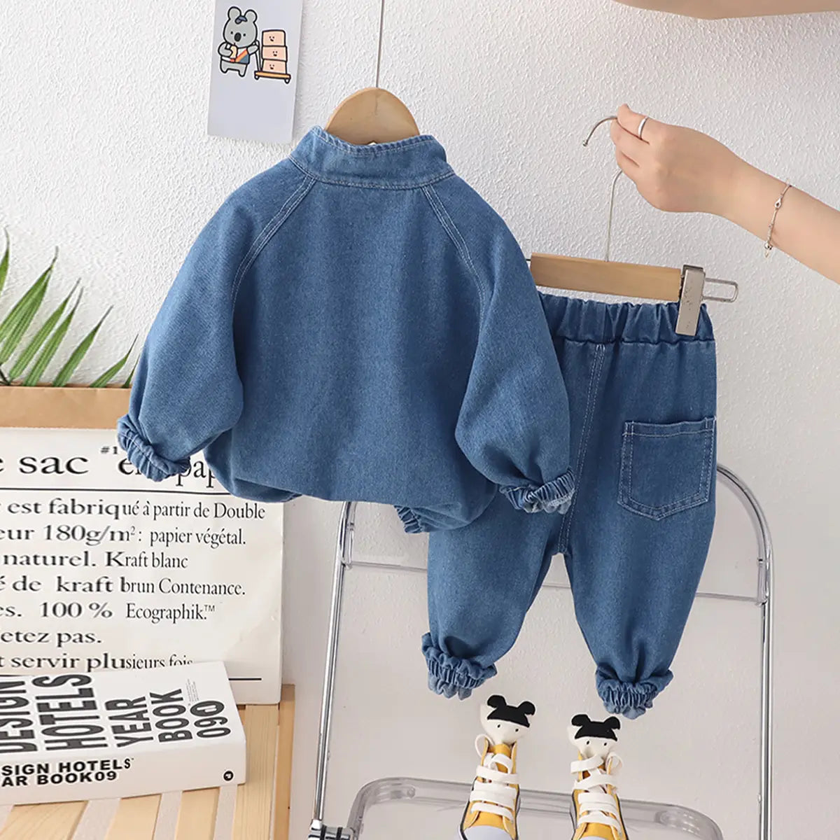 Boys Blue Half Zipper Denim Jacket With Jogger Co-ord Sets Sets