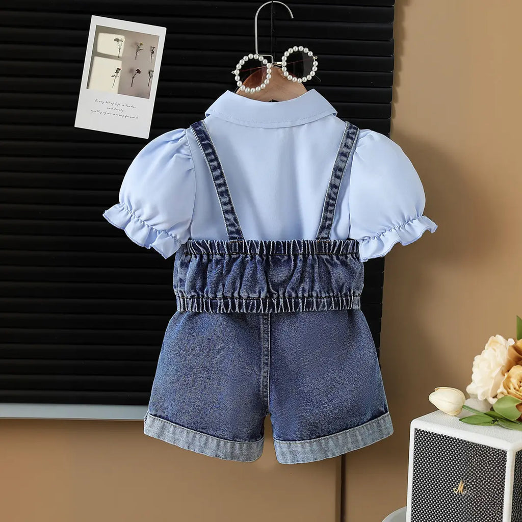 Girls Blue Short Sleeves Crop Top With Pearl Embellished Denim Vest And Shorts Sets Sets