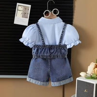 Girls Blue Short Sleeves Crop Top With Pearl Embellished Denim Vest And Shorts Sets Sets