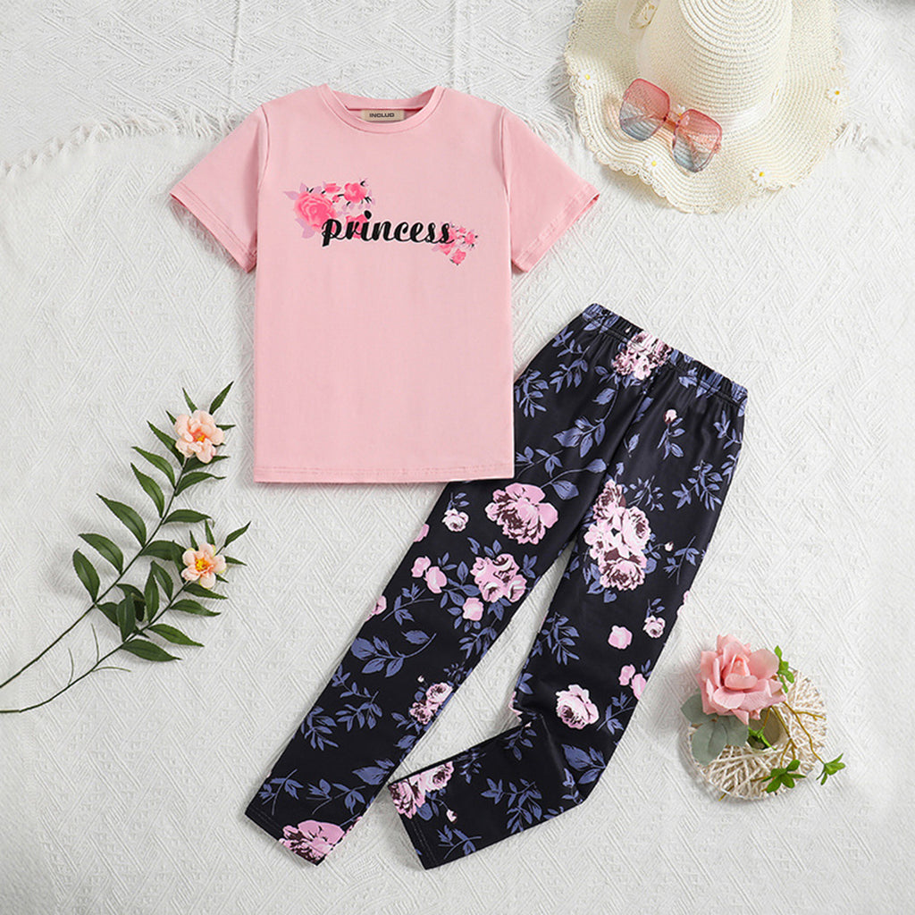 Girls Princess Print Top With Floral Print Pants Legging Set