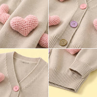 Girls Beige Heart Applique Long Sleeve Cardigan Sweaters & Cardigans