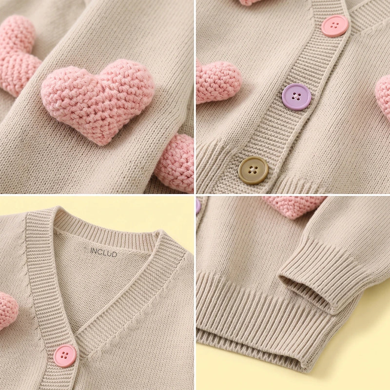Girls Beige Heart Applique Long Sleeve Cardigan Sweaters & Cardigans