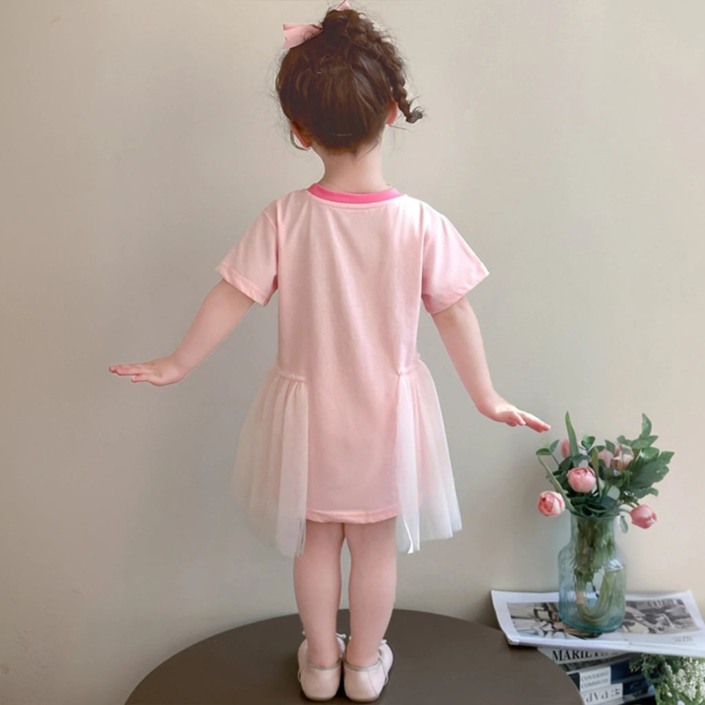 Girls Pink Printed Round Neck T-shirt Dress with Bow Detail Casual Dresses