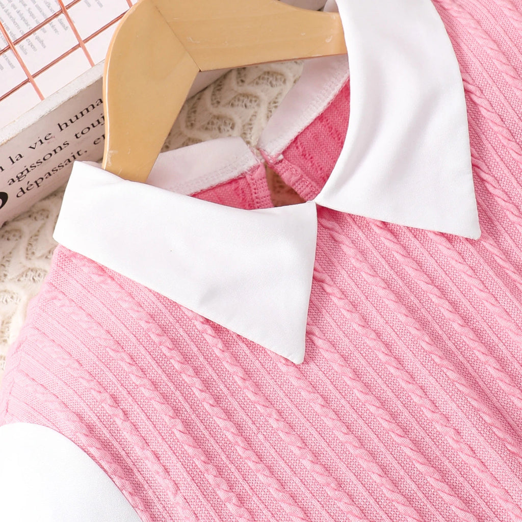 Girls Pink Ribbed Collared Peplum Top With Slim fit Pants Sets Sets