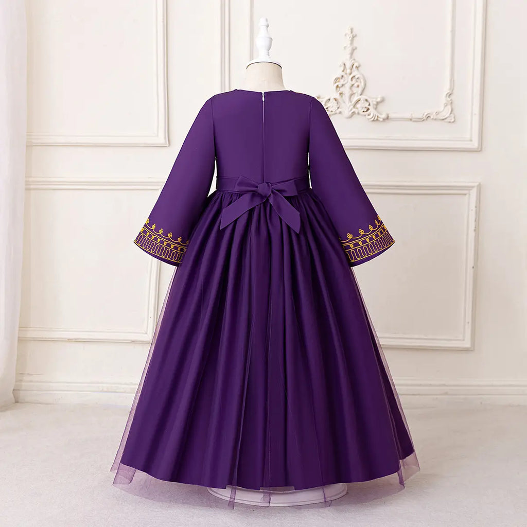 Girls Purple Printed Fit & Flare Dress With Long Sleeves Casual Dresses