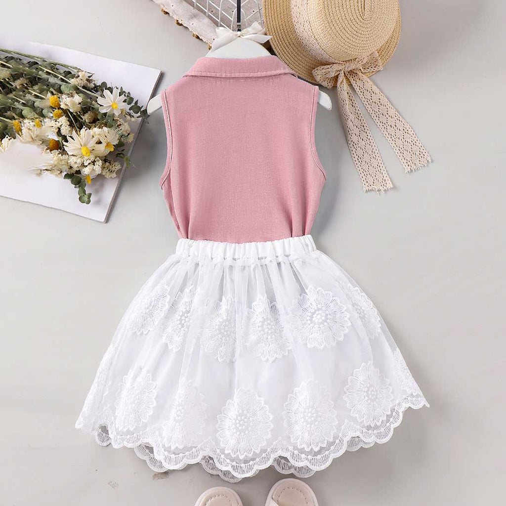 Girls Sleeveless Floral Applique Shirt With Skirt Set 2 pc. Sets   