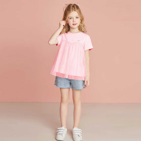 Girls Short Sleeve Mesh Detailed T-Shirt Tshirts Pink 1-2 Y 