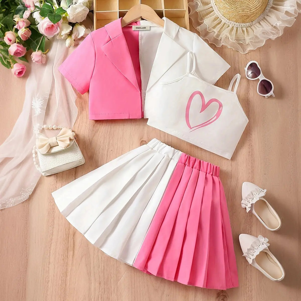 Girls Pink Color-blocked Blazer Top With camisole Top And Pleated Skirt Sets Sets Pink 5-6 Y