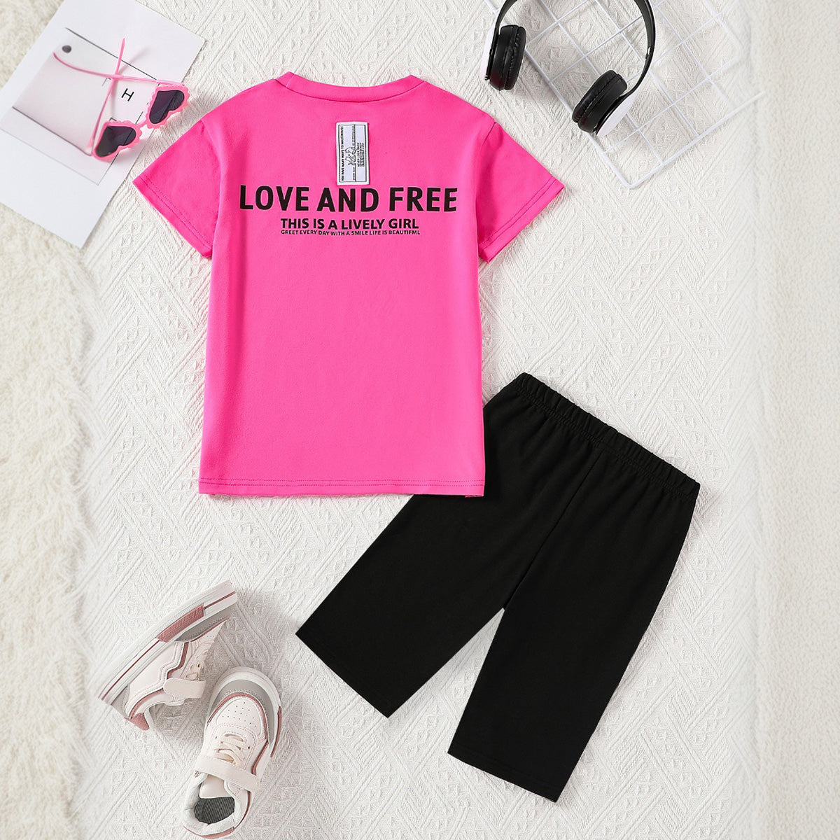 Girls Fuchsia Short Sleeves Tee with Shorts Set Sets