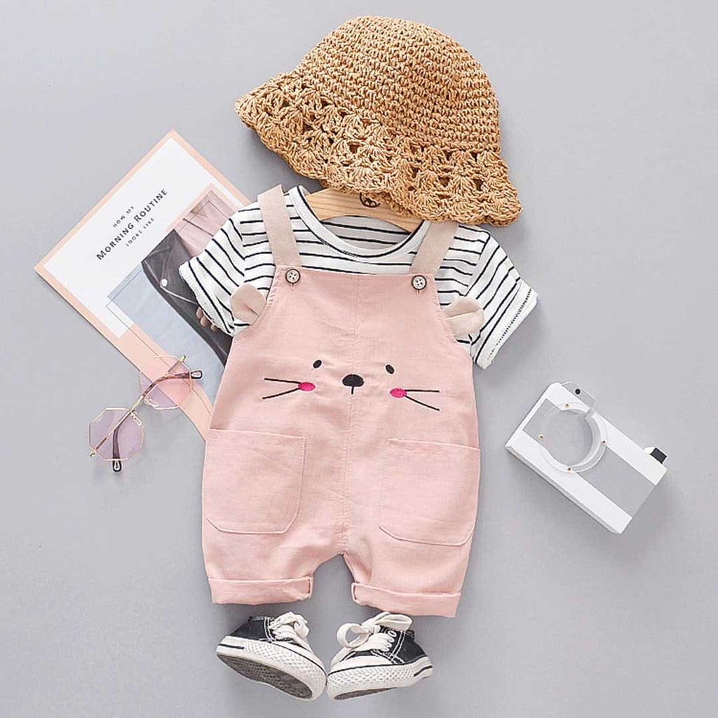 Girls Striped T-shirt with Dungaree Set