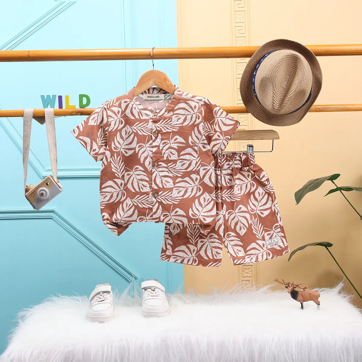 Boys Khaki Leaf Printed Short Sleeve Shirt With Elasticated Shorts Sets 2 pc. Sets Khaki 3-4 Y