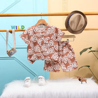 Boys Khaki Leaf Printed Short Sleeve Shirt With Elasticated Shorts Sets 2 pc. Sets Khaki 3-4 Y