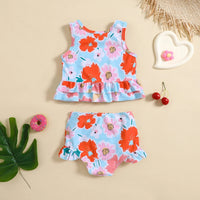 Girls Sky Blue Floral Printed Peplum Top With Briefs Swimwear Sets Sets