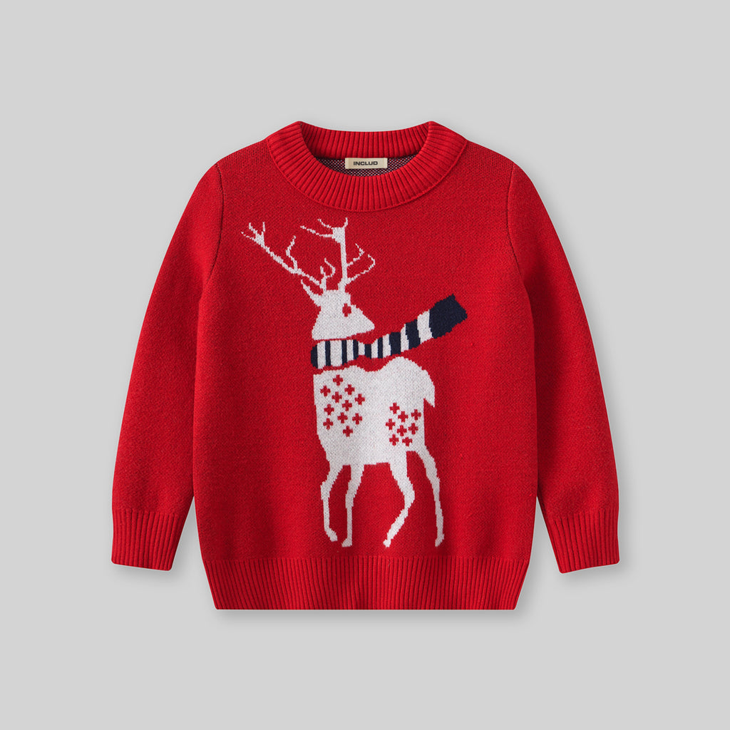 Girls Red Reindeer Self-Designed Winter Pullover Sweater Sweaters & Cardigans