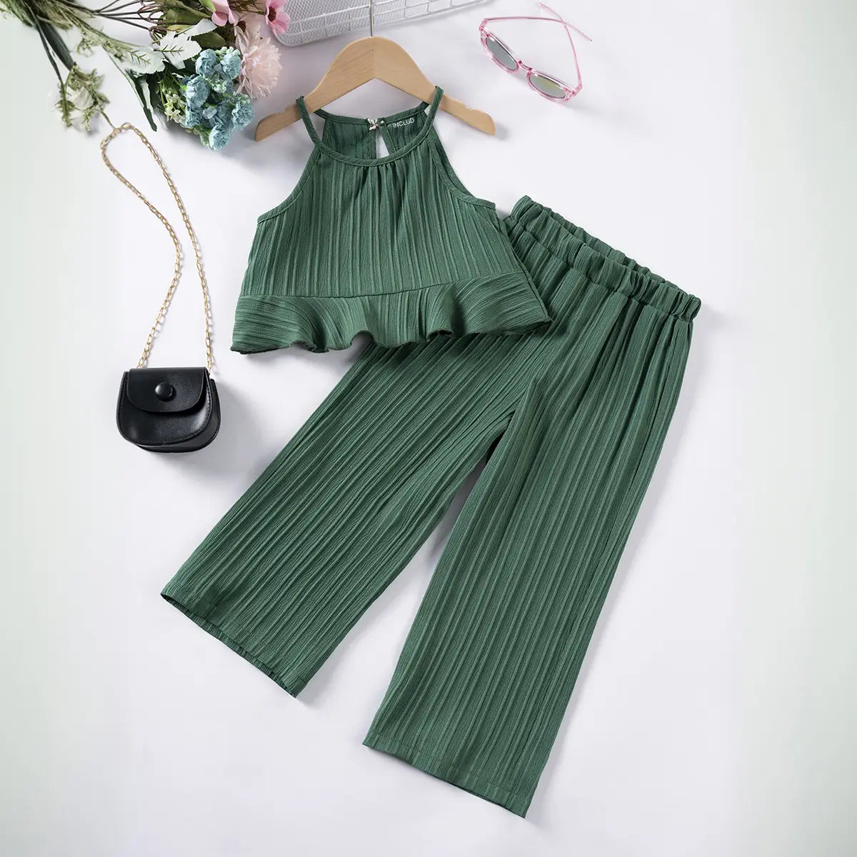 Girls Dark Green Self Stripe Peplum Top With Pants Co-ord Sets Sets Dark Green 1-2 Y