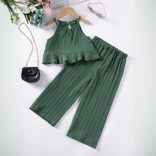 Girls Dark Green Self Stripe Peplum Top With Pants Co-ord Sets Sets Dark Green 1-2 Y