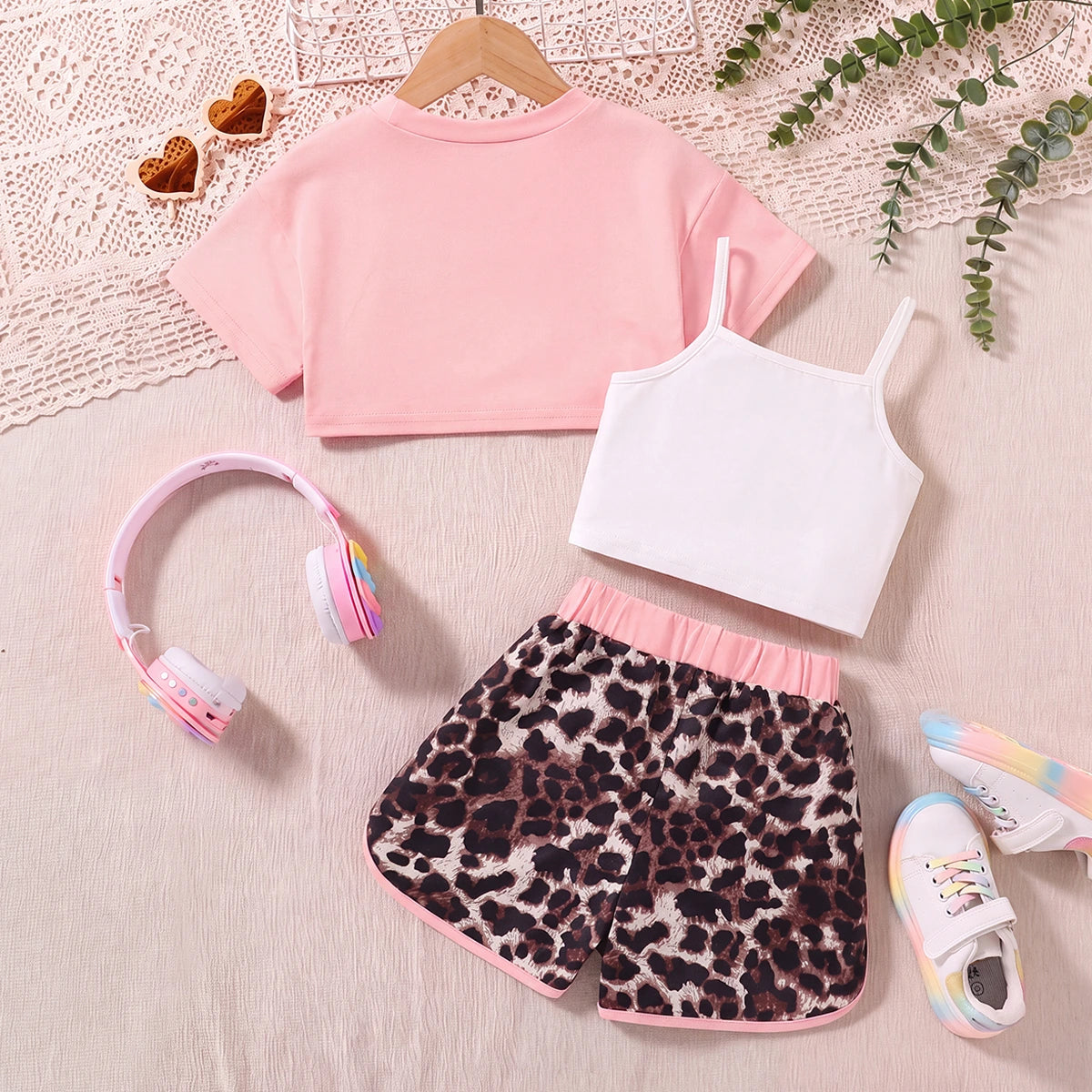 Girls Pink Typography Print Shrug With Cami Top & Leopard Print Shorts Sets 3 pc. Sets